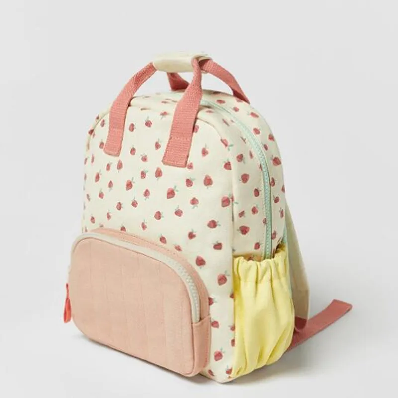 New cotton canvas dopamine strawberry print color matching cute children backpack backpack