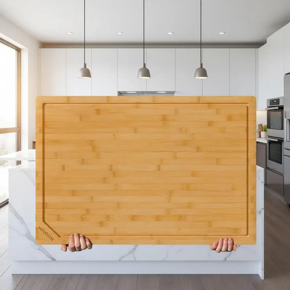 

30-дюймовая большая разделочная доска из бамбука с глубокой канавкой для сока и ручкой, сверхмощная кухонная разделочная поверхность, 30x20