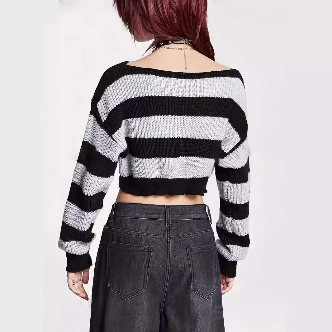 Y2K Striped Knit Sweater Pullover Tops Spring Summer Fashion Women Jumper Tee