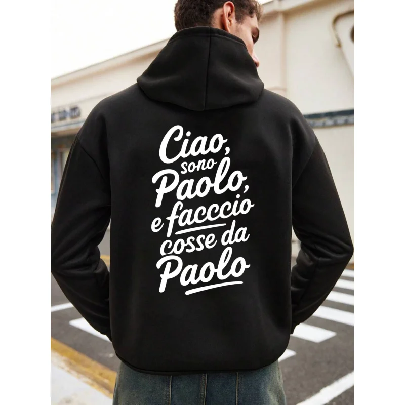 سويت شيرت رجالي بغطاء للرأس باللون الأبيض من Ciao Sono Paolo مطبوع عليه نص عالي الجودة من القطن ملابس غير رسمية للارتداء اليومي والأزياء