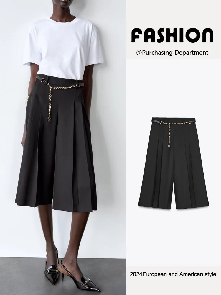 شورت نسائي طويل كاجوال جديد لموسم الربيع، بتصميم بانك عصري مع حزام خصر بسلسلة، متعدد الاستخدامات بخصر مرتفع وساق مستقيمة