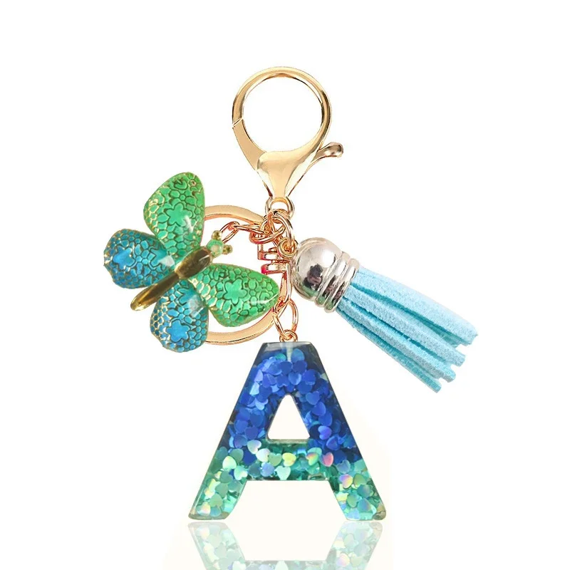 Fashion Blue Glazed Stone A To Z Letter Keychain 26 Initials Alphabet Butterfly Tassel Pendant Car Key Chain Women Jewelry GIfts