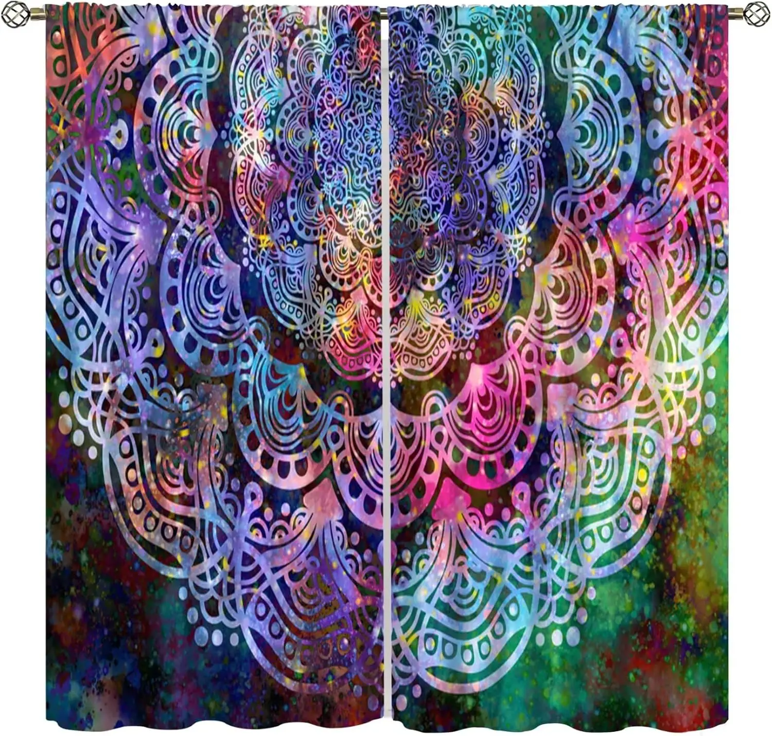 Galaxy Mandala Bedroom Curtains - Boho Geometric Colorful Pattern - W42 * L45 Inches