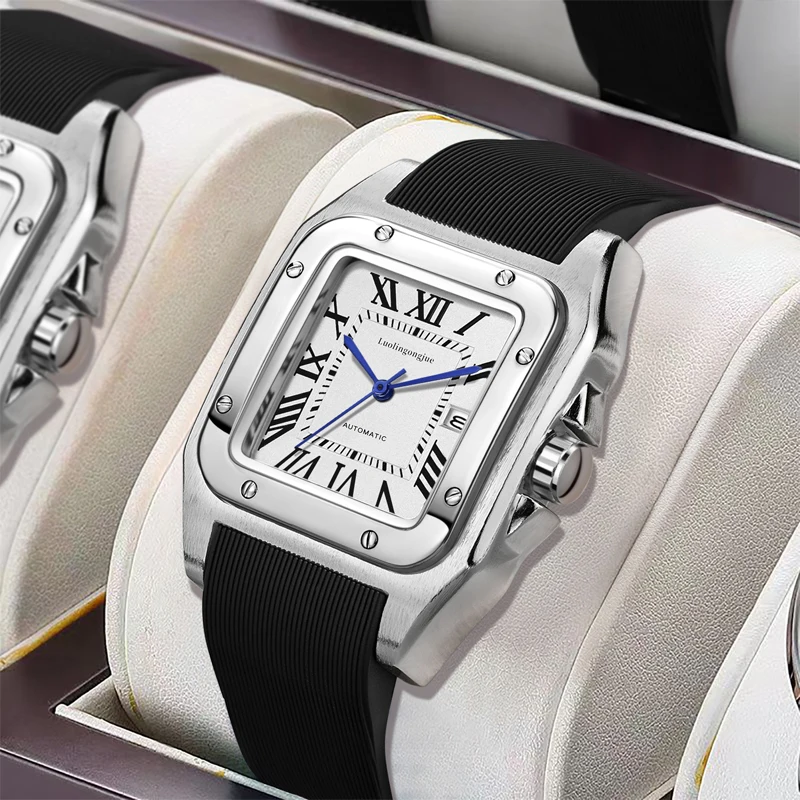 ساعة ميكانيكية للرجال من سلسلة تانك على الطراز الأوروبي والأمريكي، لف تلقائي، تصميم هيكل عظمي، حزام سيليكون، ساعة رجالية كاجوال عصرية متعددة الاستخدامات، الاختيار الأول لتقديم الهدايا، ساعة يد ذات علامة تجارية مشهورة