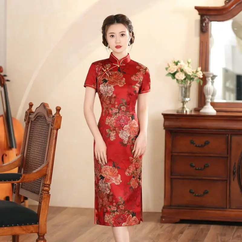 Chinese Short Sleeve Qipao Gold Stamping Flower Cheongsam Vintage Button Mandarin Collar Chinese Dress Dinner Party Vestidos
