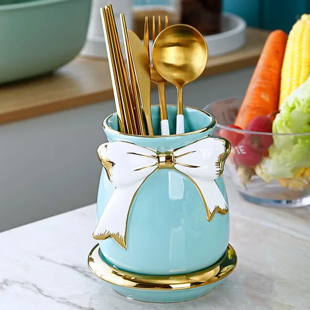 

Ceramic Chopsticks Holder Drain Cage Spoon Knife Fork Cutlery Rack Kitchen Tableware Storage Container Chopsticks Organizer