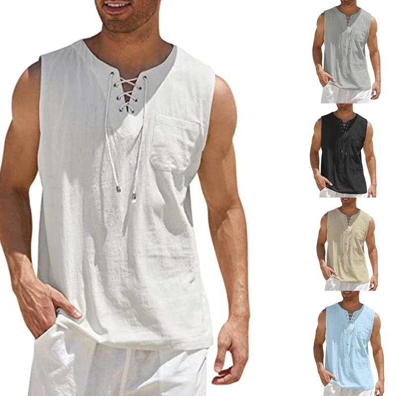 Mens Casual Cotton Linen Shirts Lace-Up Drawstring V-Neck Top Summer Sleeveless Beach T-Shirt Blouses with Pocket