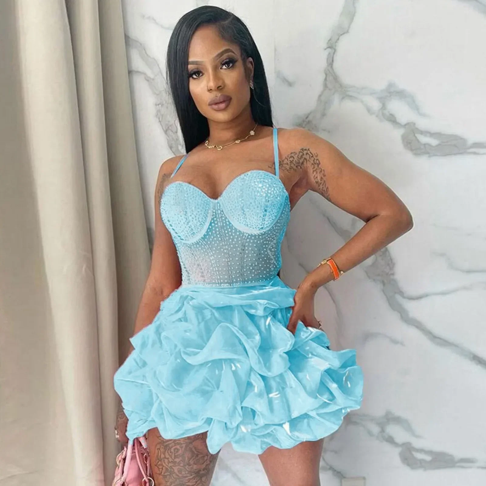 ใหม่ความยาวปานกลางเซ็กซี่ผู้หญิง SHEER ตาข่ายกระโปรงมินิกระโปรงสีทึบ PARTY Night Clubwear หญิงชุด