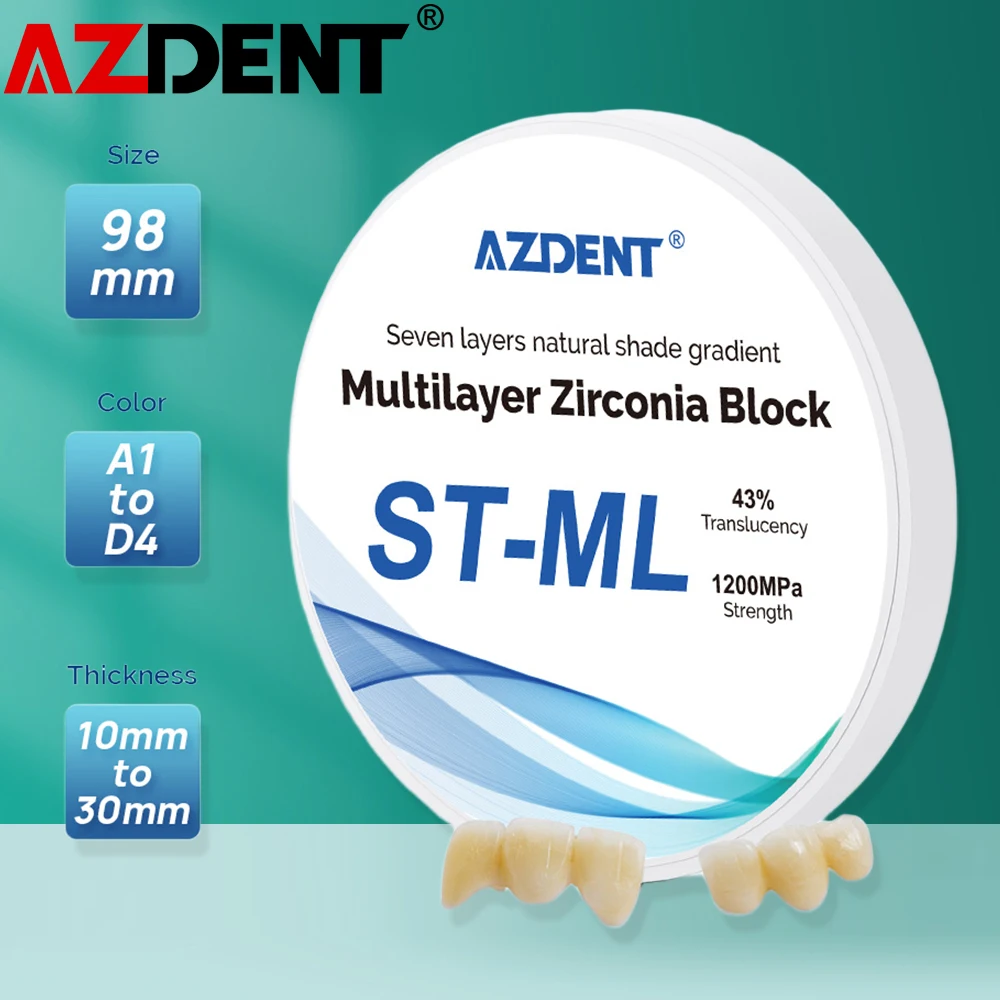 Azdent Dental ST-ML Multilayer Zirconia Blocks Dental Lab Material 98mm System CAD CAM Seven Layers Dentistry Tools