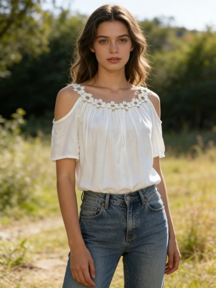 

Fashion Summer New Flower Decoration Suspender Off-the-shoulder Women's Shirt Elegant Short-sleeved Thin Casual Blouse Top