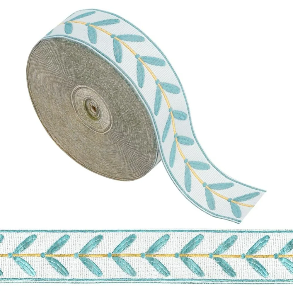 13,1 ярда жаккардовая лента с отделкой 1,2 дюйма, жаккардовые ленты из полиэстера с широким узором листьев, светло-голубой жаккардовый тканый комплект с листьями 13,1 ярда жаккардовая лента с отделкой 1,2 дюйма, жаккардовые ленты из полиэстера с широким узором листьев, светло-голубой жаккардовый тканый комплект с листьями