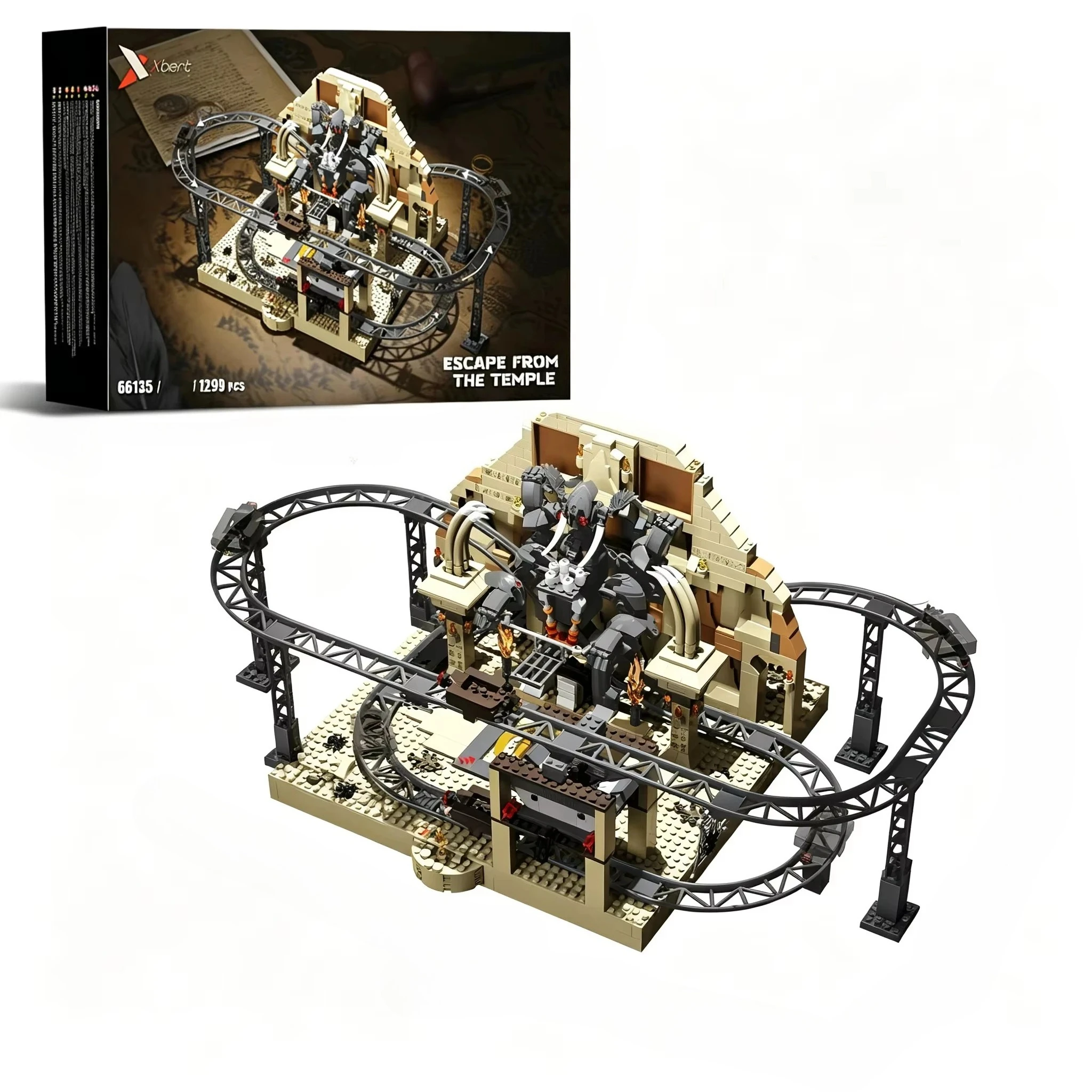 1299PCS Ancient Tomb Roller Coaster Building Blocks Circular Track Mine Cart Temple Scene Model Bricks Desktop Ornament Toy Gift