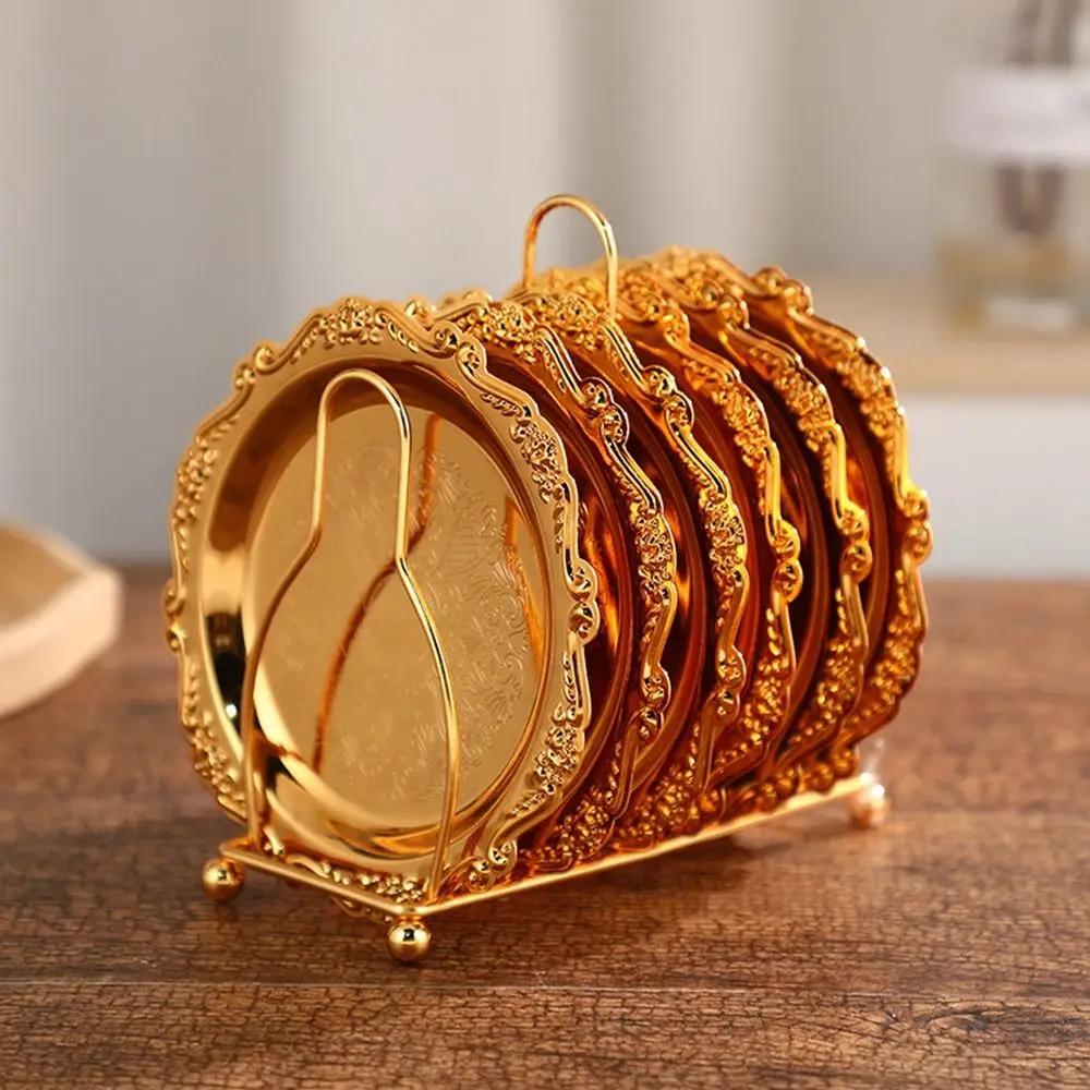 

7 Pcs/set Vintage Plated European Decor Racks Carved Zinc Alloy Patterned Cup Mat High-end Metal Cake Tray Hotel