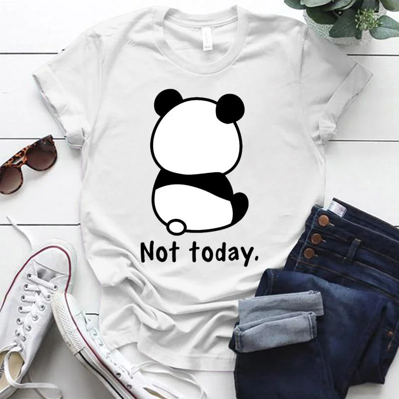 Cute Panda Not Today Printed T-Shirts For Women Short Sleeve Funny Round Neck Tee Shirt Casual Summer Tops