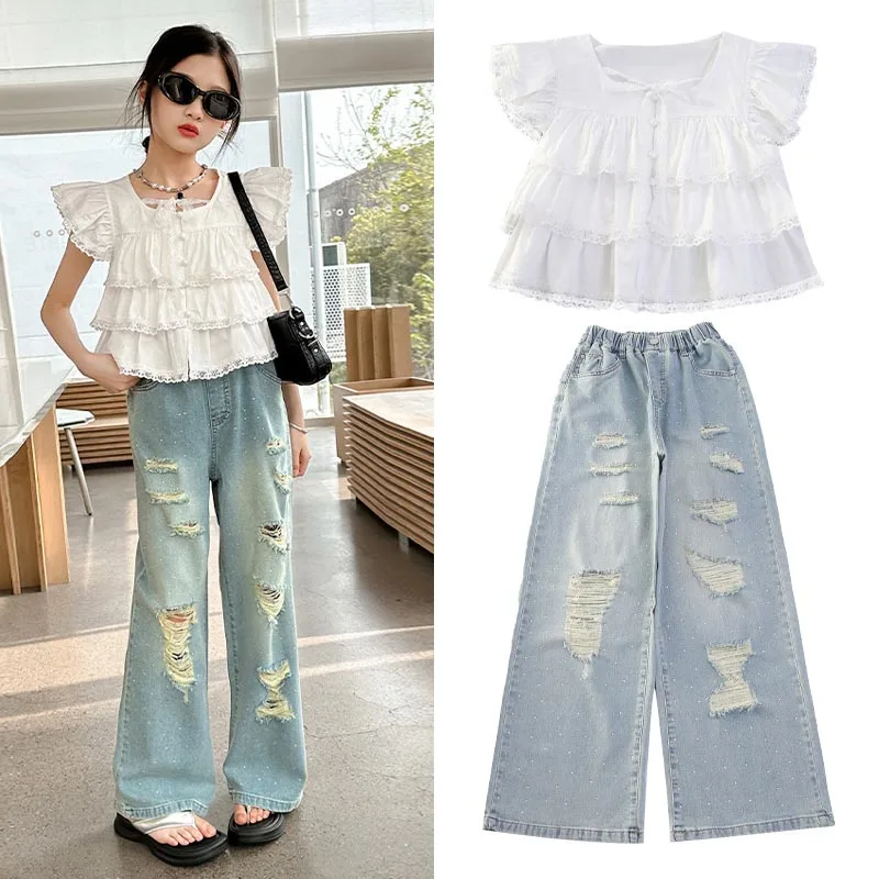 

Girl's Summer Set Fashion Lace Fly-sleeve Tops Rhinestone Ripped Jeans Two-piece Casual Teen Children Clothing 8 10 12 13 Years