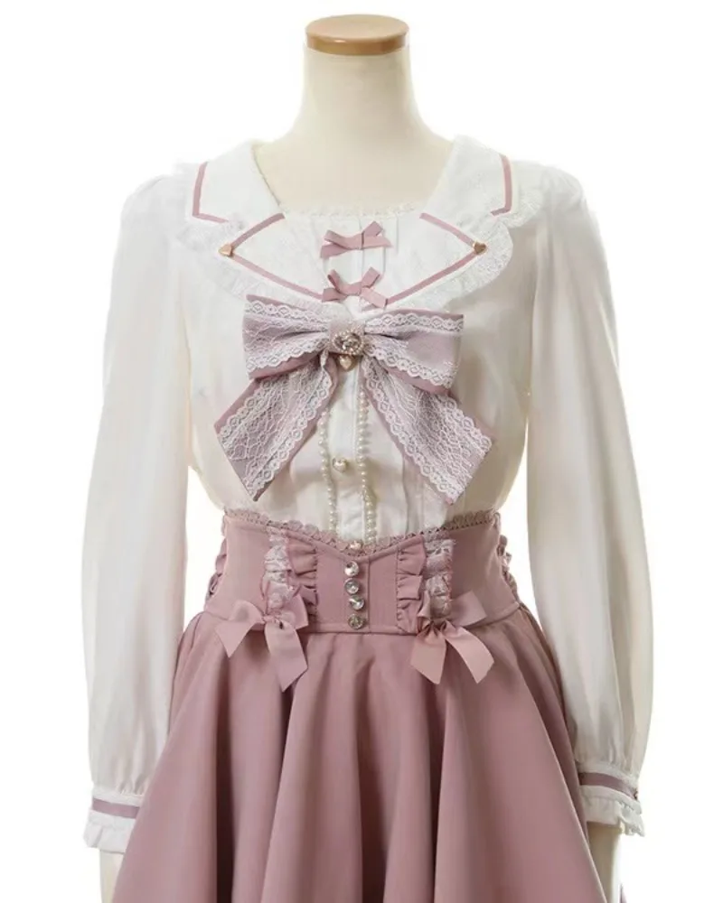 

Студенческий укороченный топ в консервативном стиле с длинным рукавом и бантом, универсальная рубашка со шнуровкой и жемчугом, японский матросский воротник, изысканный Mujer