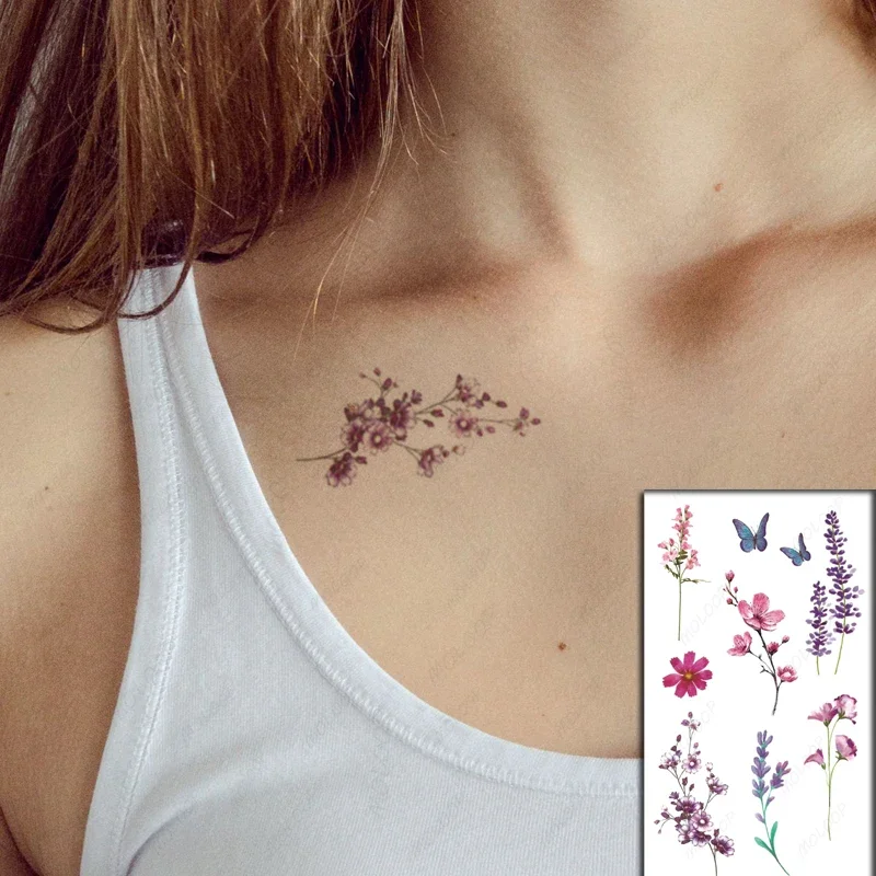 Colorful Flower Temporary Tattoo Stickers Rose Lavender Butterfly Fake Tatto Waterproof Tatoo Chest Hand Small Size for Women
