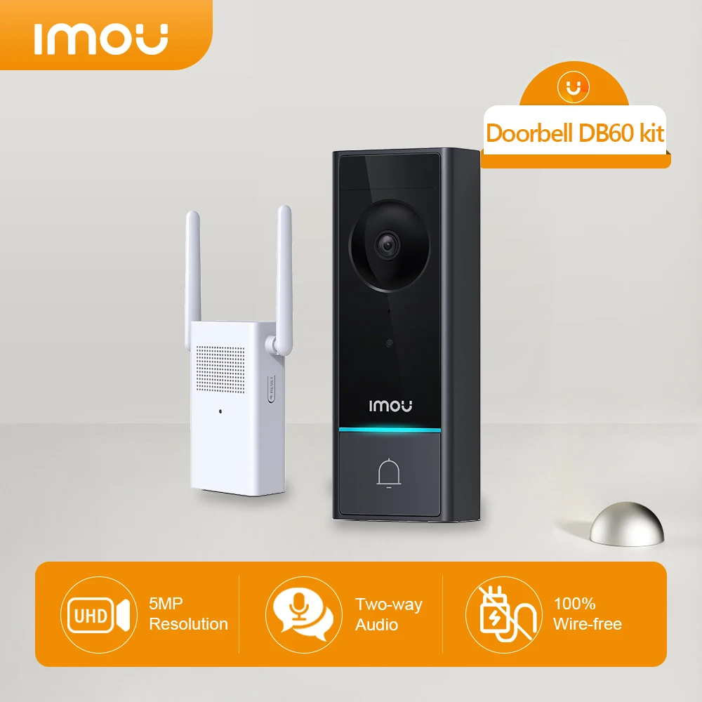 IMOU-Campainha sem fio WiFi, DB60, Vídeo 5MP, Bateria Recarregável, Chime Intercom, IP65 Impermeável, Detecção PIR, Visão Noturna