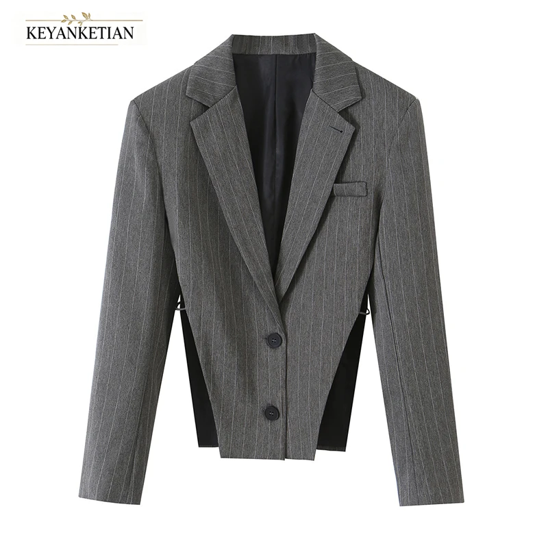 KEYANKETIAN 2026 Autumn Pinstripe Cropped Blazer Lapel Two‑Button Side Cutout Slim Fit Long Sleeve Design Women Suit Jacket Top