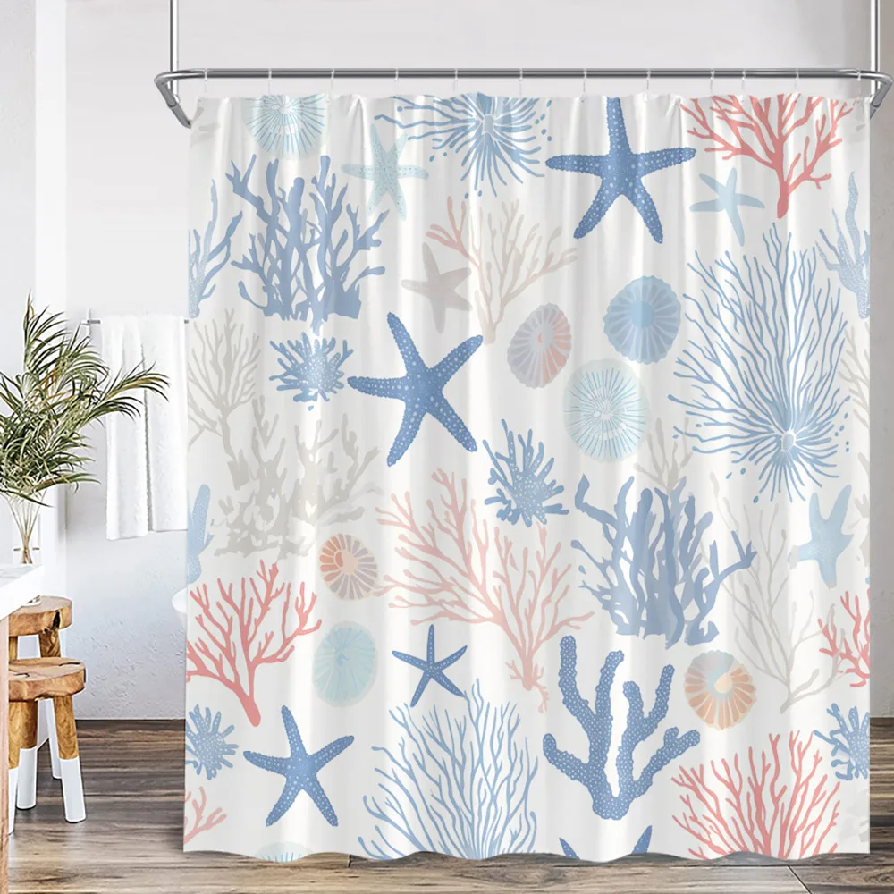 Nautical Marine Life Shower Curtain Anchor Sea Turtle Seastar Octopus Seashell Coral Ocean Summer Bathroom Curtain Decoration