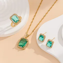 Light Luxury Zircon Square Earrings, Rings, Necklaces, Three-piece Set, Fashionable Design, High-end New Jewelry