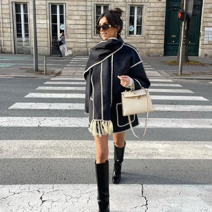 

Retro Tassel Trim Splicing Jaet Loose Autumn Winter New Sle Versatile Outerwear Long Sve Commute Design Single Button