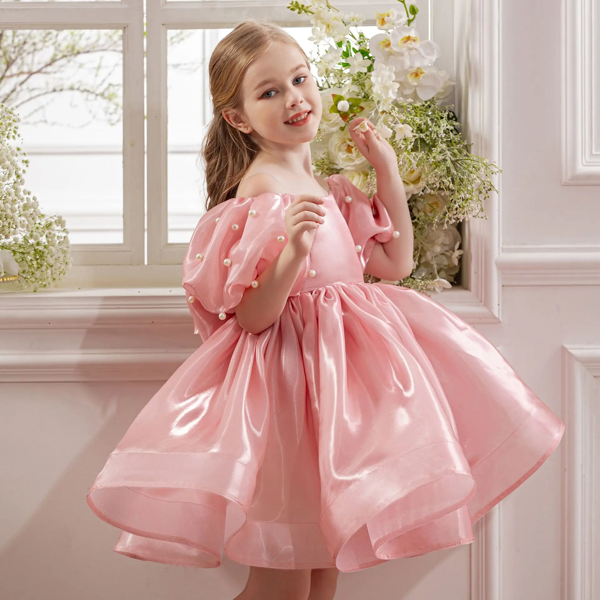 Fashion Candy Color Off-shoulder Puffy Dress For Girls Birthday Party Dresses Evening Gown Children's New Year Dress Carnival