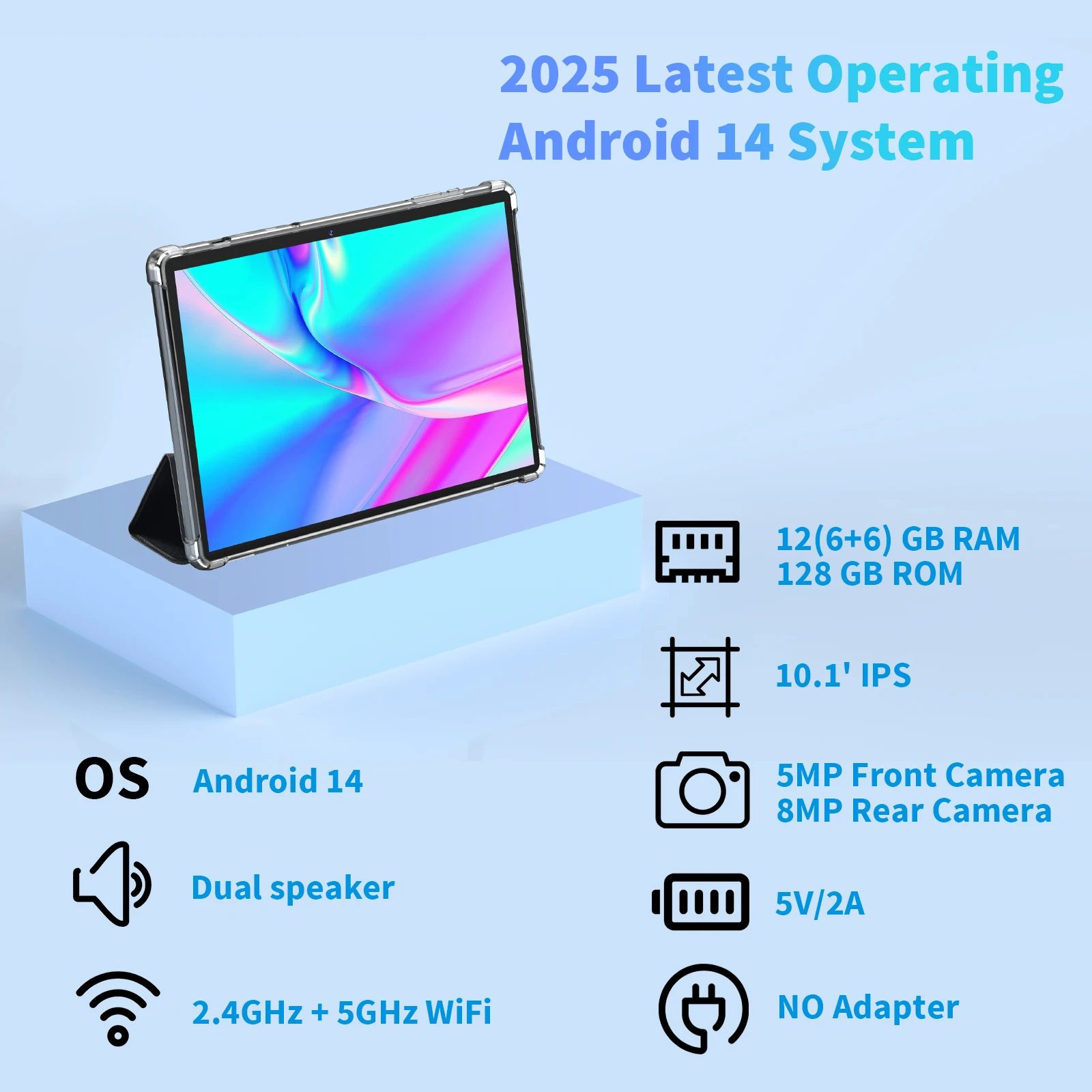 Relndoo 10.1 Inch Android 14 Tablet, 12GB(6+6 Expand) RAM 128GB ROM, 5MP+8MP Camera, WiFi,1280x800 IPS Display, Type-C Charging