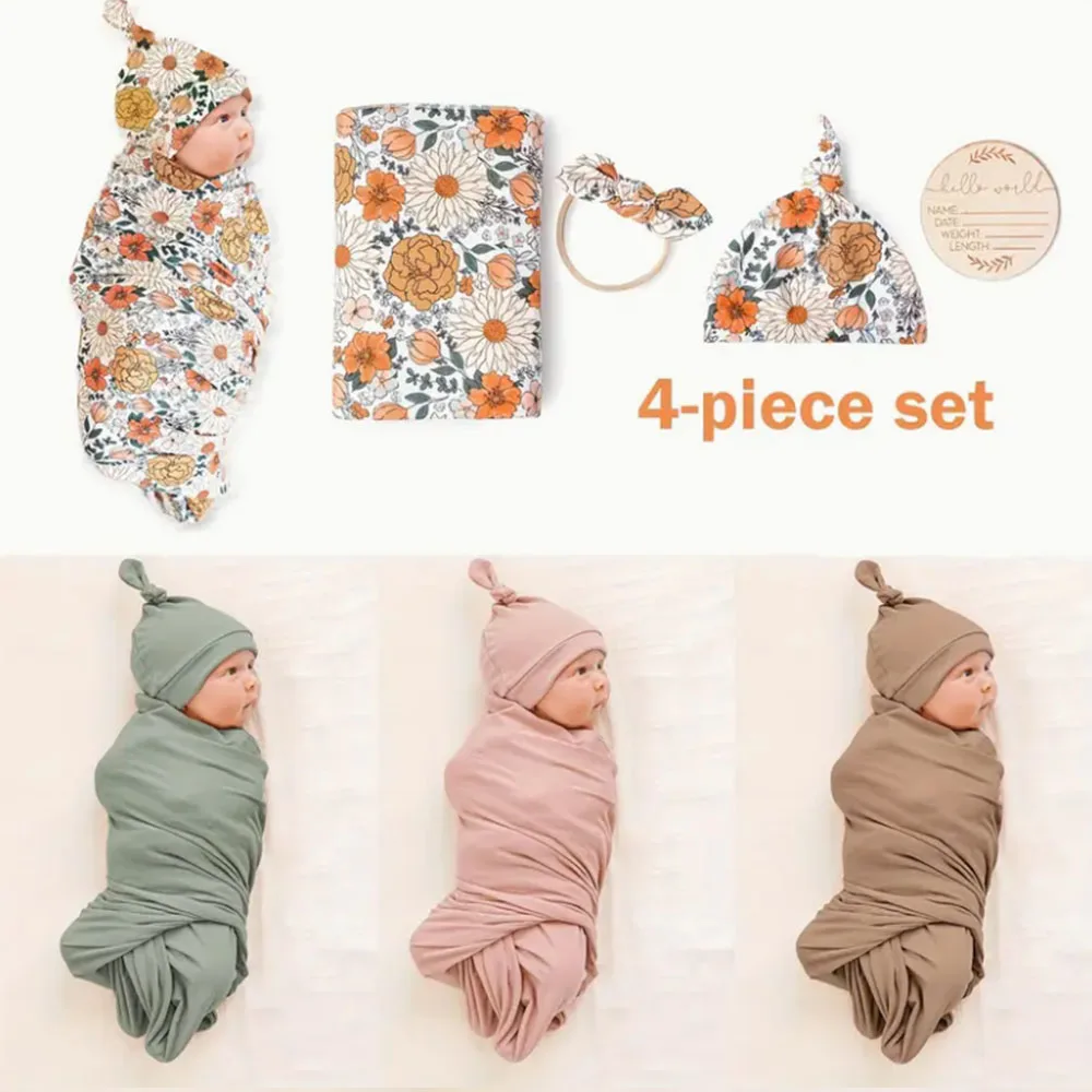 

Пеленальное одеяло для новорожденных и шапка/повязка на голову/месячный набор карточек с цветочным принтом для маленьких девочек, одеяла для новорожденных, детская пеленка для детской комнаты