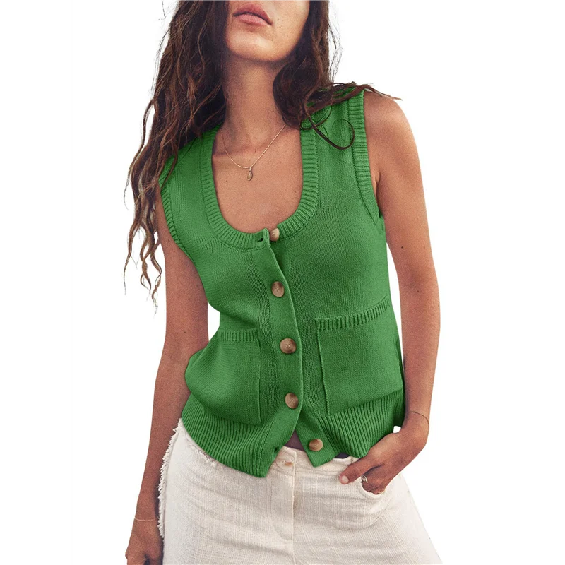 

ABRT-Womens Sweater Vest Summer Ribbed Tank Tops Sleeveless Button Down Shirts Scoop Neck Top For Women