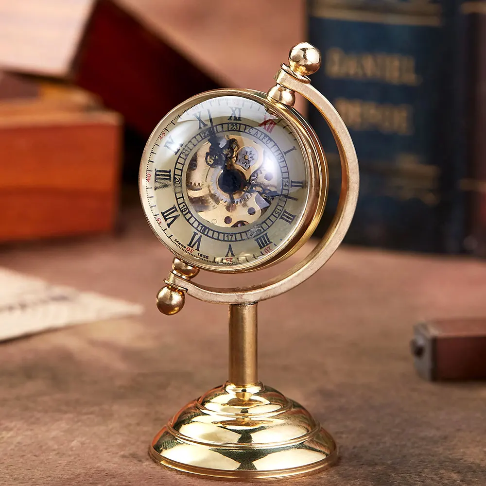 

Vintage Spinning Globe Gold Desk Clock Men Creative Gift For Pocket Watch Copper Table Clock Mechanical Pocket Watch Male