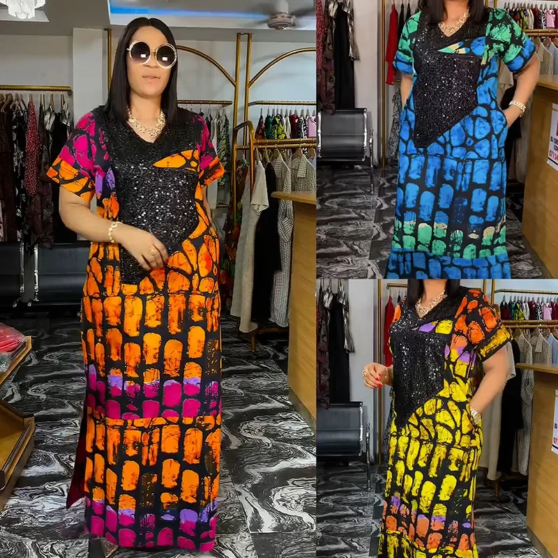 

Satin Kaftan Women Vintage Ethnic Print Sequin Maxi Dress Dubai Abaya Turkey Caftan African Dresses Loose Ankara Dashiki Robe