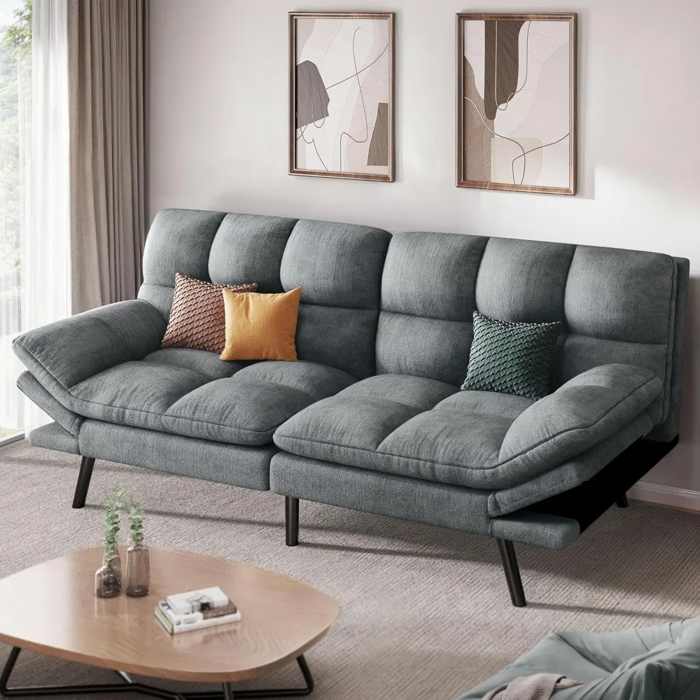 

70″ Convertible Futon Sofa Bed, Cat-Scratch-Proof Fabric Futon Couch with Adjustable Backrest and Armrest, Modern Loveseat