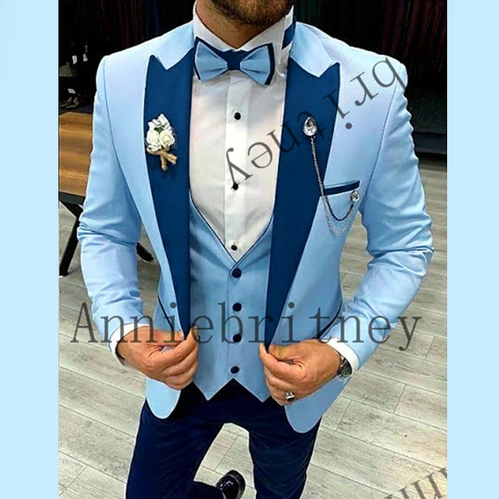 

2022 Blue Men's Suit Slim Fit 3-Pieces Blazers Black Pants Male Tuxedo Wedding Groom Peak Lapel Fashion Best Man Costume Made