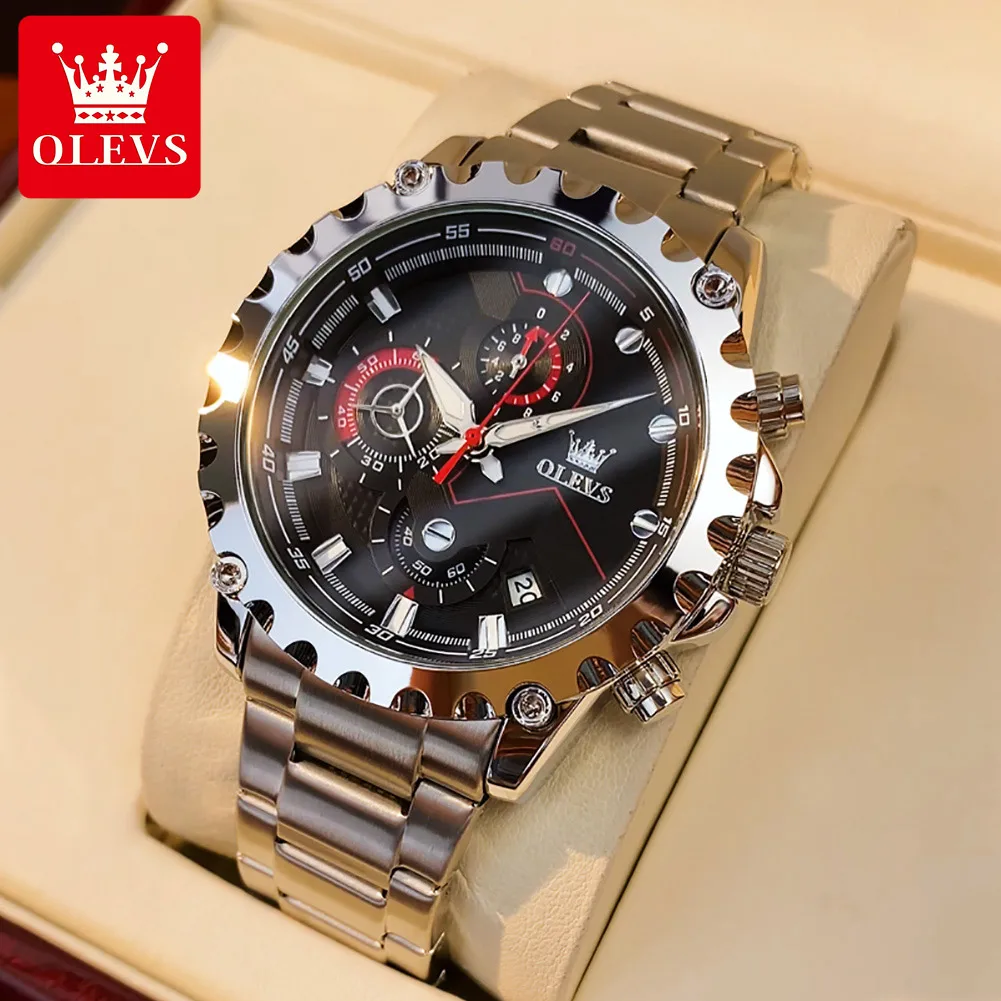 

OLEVS 2873 Quartz Watches For Men Big Dial 46MM Deep Waterproof Sport Fashion Chronograph Wristwatch Leater Strap Mens Watch