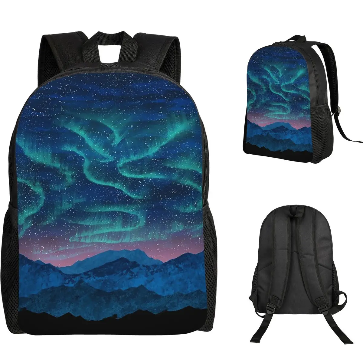 Mochila Aurora Borealis sobre la montaña para estudiantes, bolso escolar, mochila de viaje para senderismo, mochila de moda para niños y niñas, bolsos de hombro