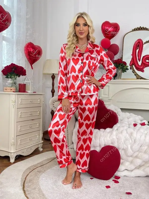 Zweiteiliges Set für Damen mit Allover-Print, Knopfleiste und Vordertasche und Hose mit elastischem Bund, Satin-Pyjama, lässig, bequem, langärmelig