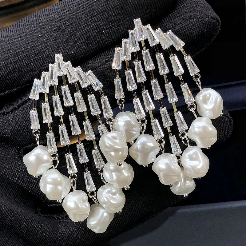 Elegant pearls shiny zircon earrings water drops Swaying tassels gentle girl ear accessory