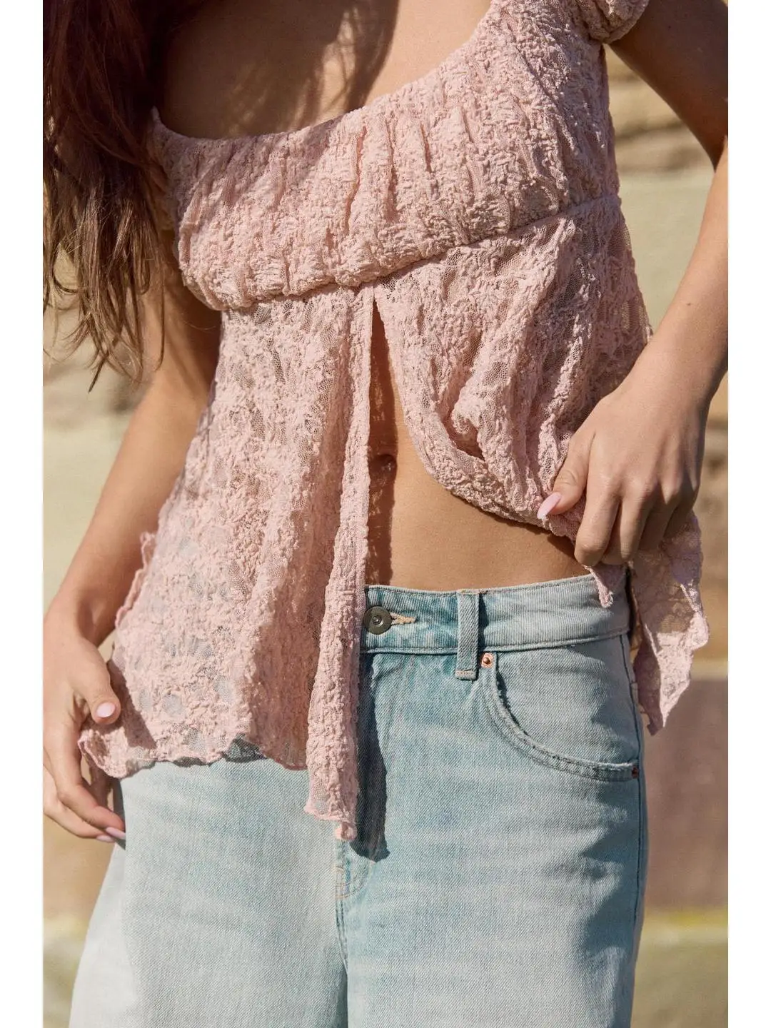 Romantic Style Bubble Sleeve Short Sleeve Lace Top Split Design Semi-Transparent Casual Fashion Women's Shirt Summer 2026
