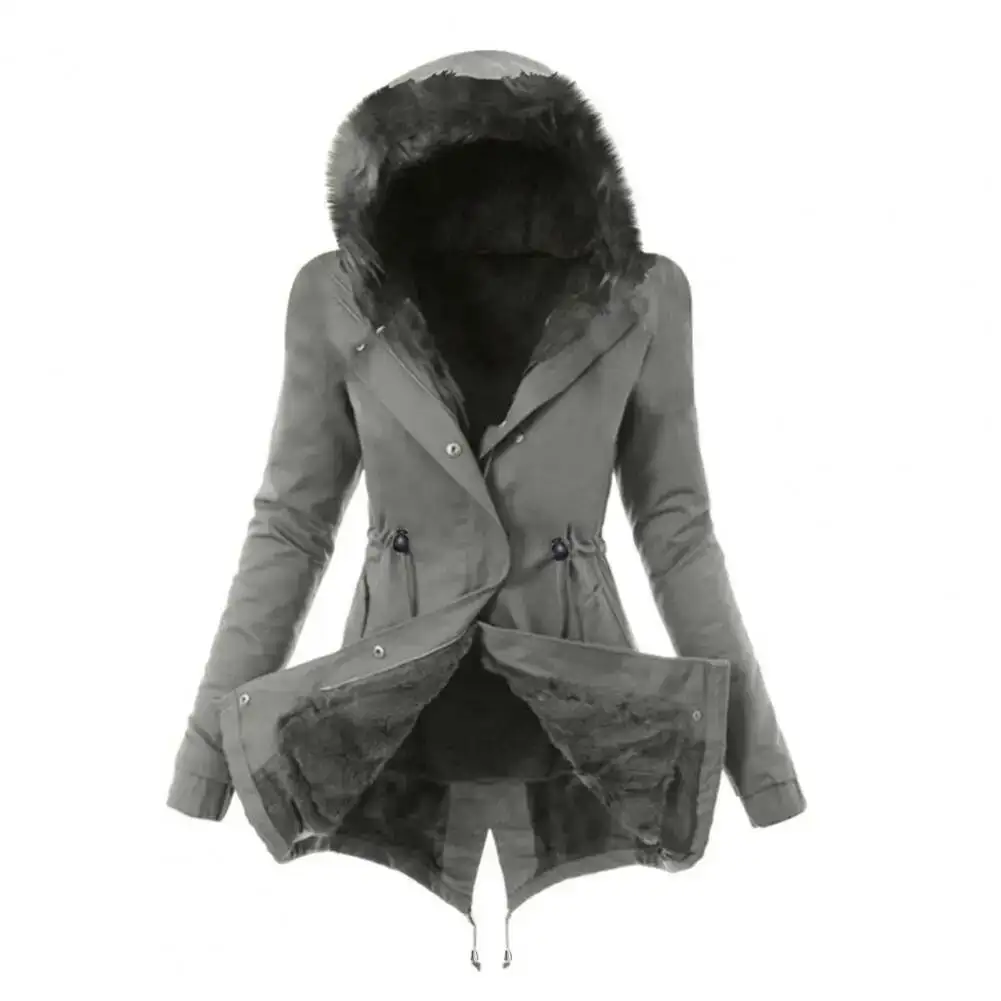 سترة نسائية من مزيج القطن مقاومة للرياح معطف شتوي مع جيوب بغطاء للرأس فروي وسحاب للإغلاق للطقس