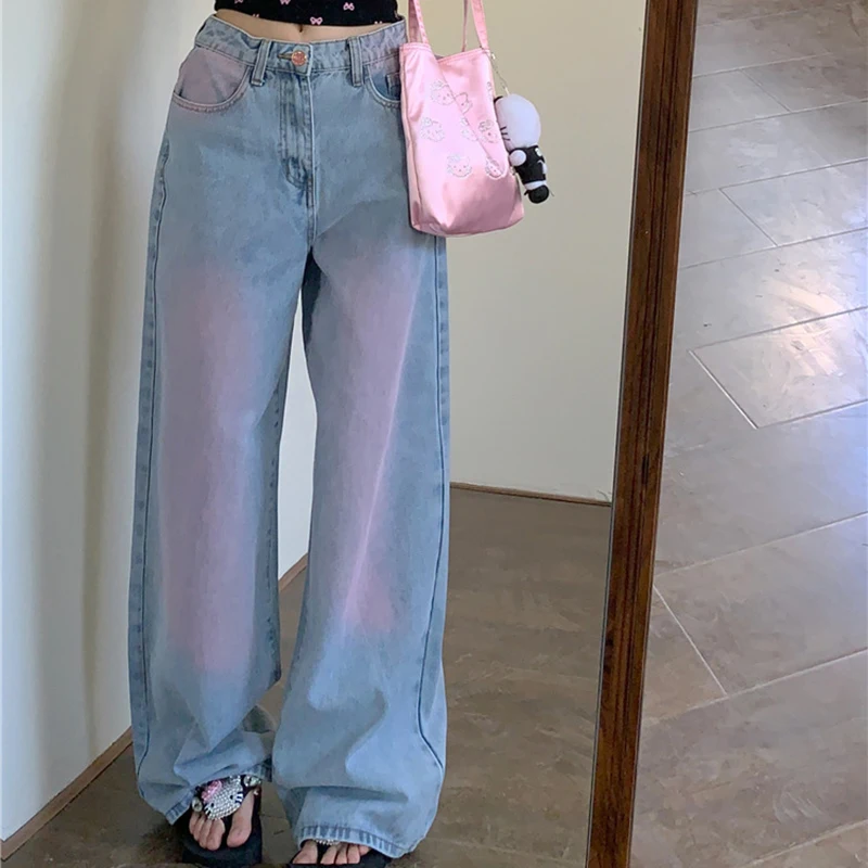 Women's Loose Jeans Y2K Washed Jeans Pink Gradient High Waist Wide Leg Pants Straight Leg Jeans 2024 Street