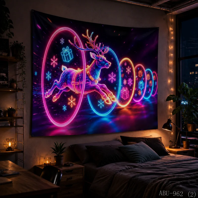 VIKAMA Colorful Neon Halo Elk Starry Sky Christmas Tapestry, HD Backdrop, Brightens Up Any Festive Room Decoration
