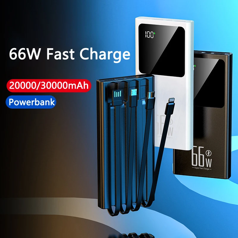 66W Super Fast Charging Power Bank with Cable Type C for Huawei P40 P50 Powerbank for iPhone 13 X Samsung S22 30000 mAh 20000mAh