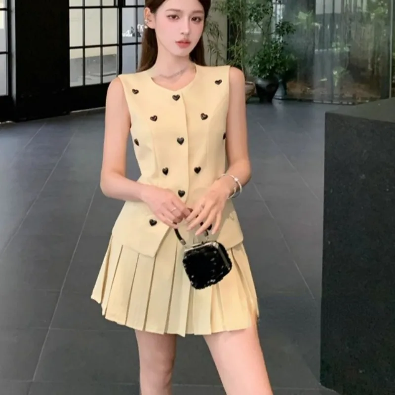 Neploe Elegant Heart Slim Fit Sleeveless Vest for Women+ High Waist Ruched A-line Skirts 2024 Summer New Two Piece Sets