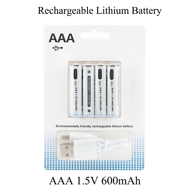 AAA Rechargeable Lithium Battery 1.5V 600mWh for Remote Control Toy Calculator Game Console with USB Type-c Fast Charging