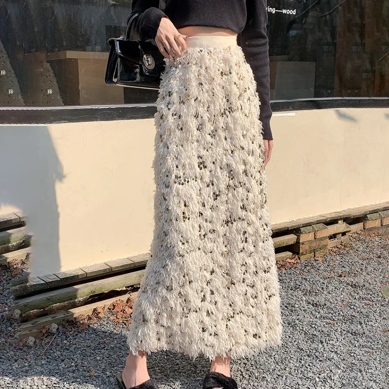 2024 autumn and winter tassel sequin oversized skirt, chubby sister retro romantic gorgeous straight tube long skirt