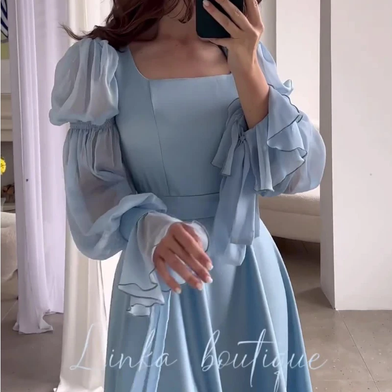 Sky Blue Women Evening Dresses Long Sleeve Silk Satin A Line Formal Prom Dress Floor Length Evening Party Gowns with Belt