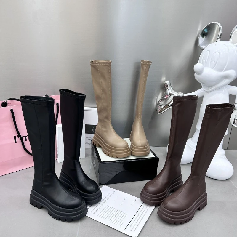 Winter Autumn thick soled knee high boots Fashion Women Back Zip Elegant Flats Ladies Platform Long Booties Women's Footwear