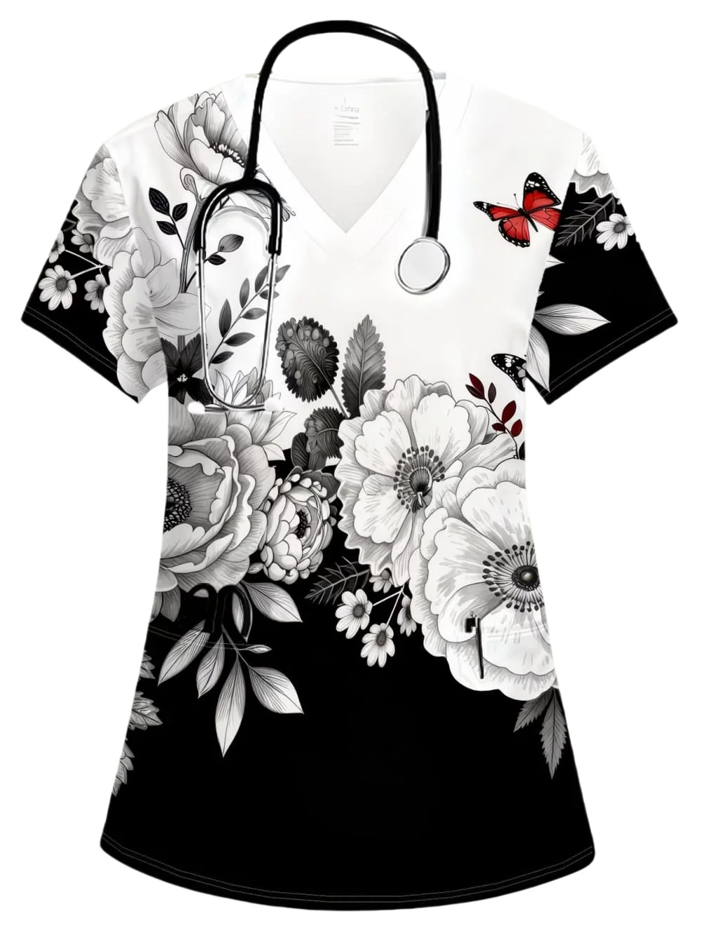 Womens Work Flowers T-Shirt Stretch Scrubs Nursing Uniform Blouse V-Neck Short Sleeve Medical Scrub Tops with Pockets Wholesale