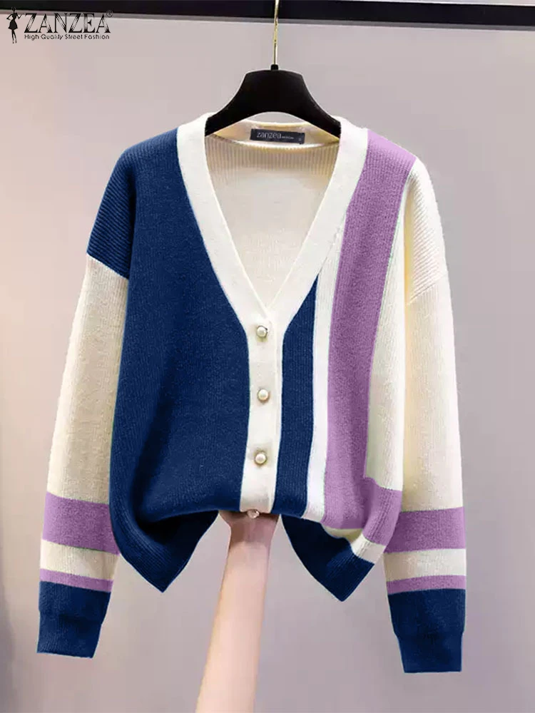 Holiday Buttons Cardigans ZANZEA Vintage Sweater Coat Fashion Colorblock V-neck Outwears 2024 Autumn Long Sleeve Office Knit Top